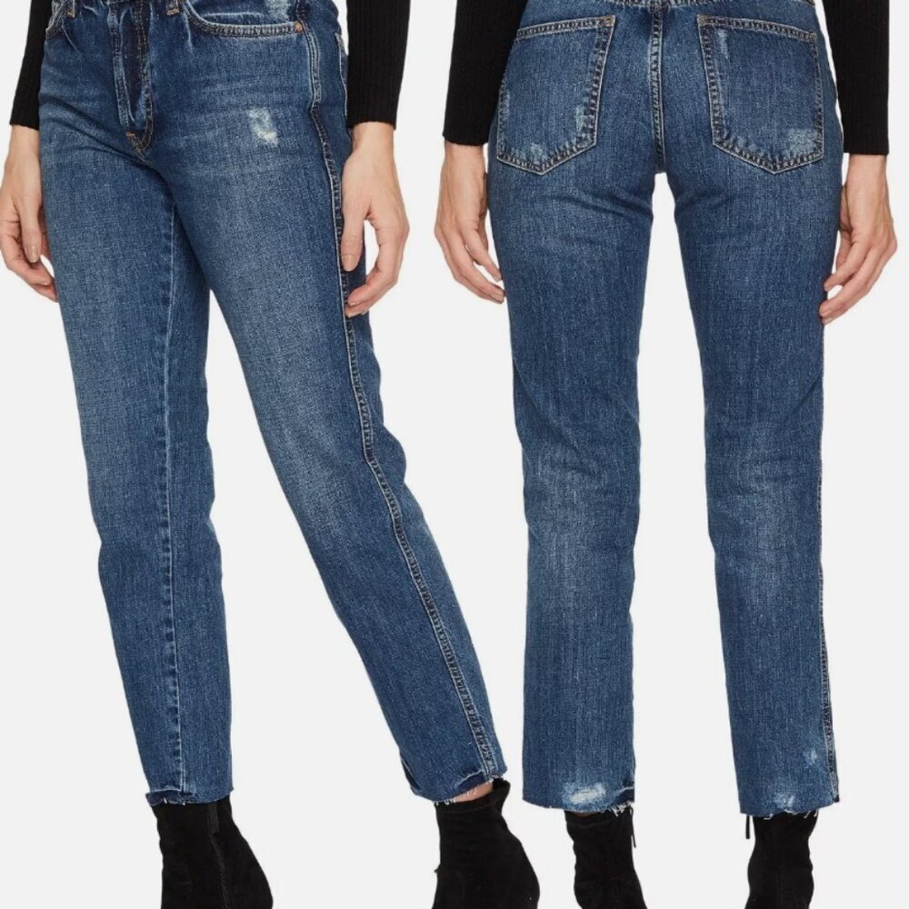 Free People Dark Blue Distressed Boyfriend Jeans